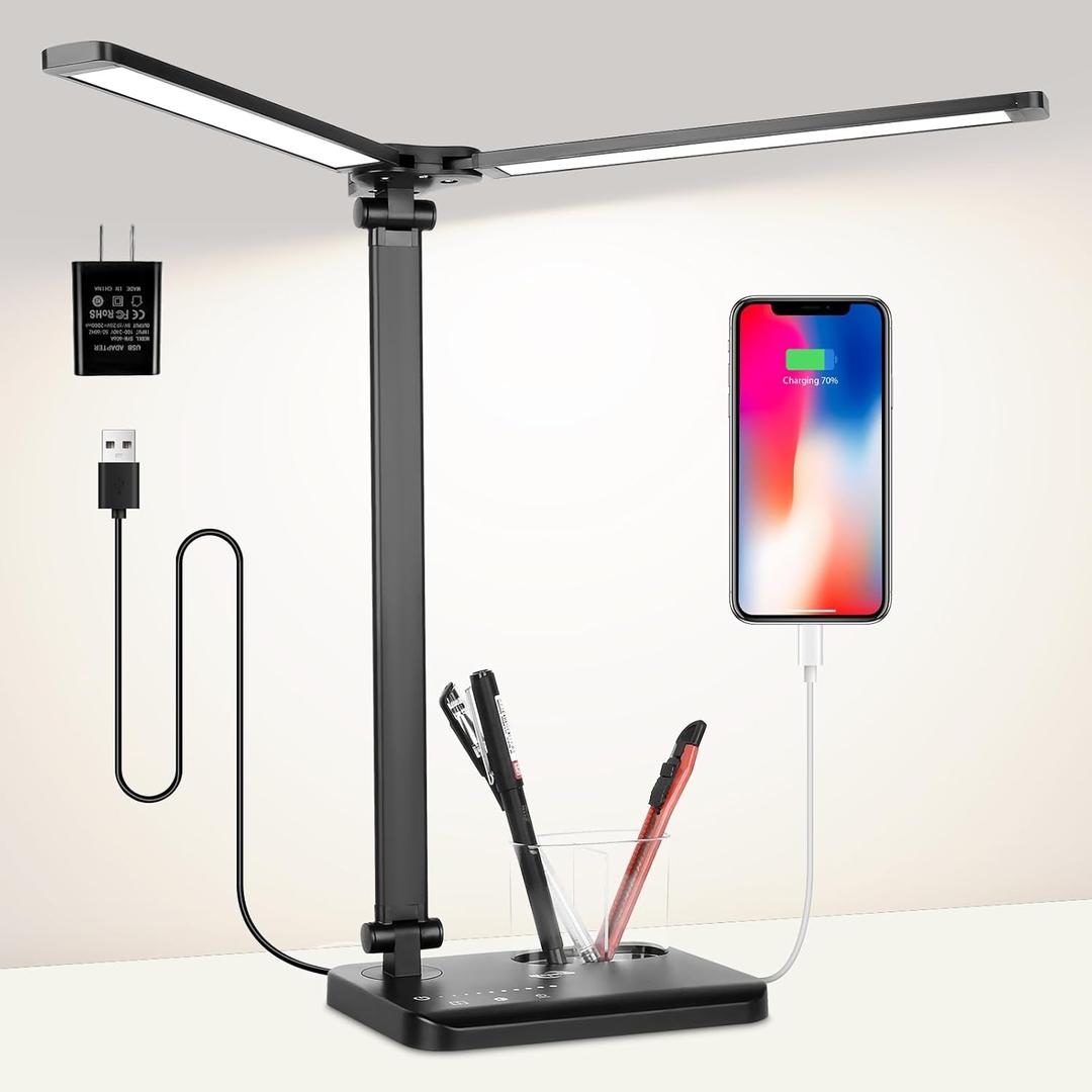 LED Desk Lamp with Dual Heads, 5 Color Modes & 10 Brightness Levels, Adjustable Reading Light for Home Office, Bedroom, Study, Craft (Black, Includes Adapter) (medium 36cm tall)