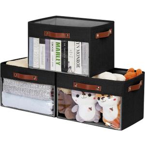 Large Storage Baskets with Clear Window, See Through Closet Organizer with PU Handles, Linen Foldable Storage Bins for Organizing Clothes, Toys, Books (Black) (Large-14.9"x9.8"x9.8")