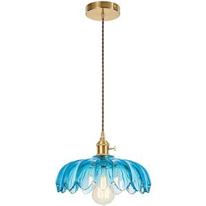 Vintage Pendant Lights Blue Mid Century Modern Pendant Lamp with Glass Shade Nordic 1-Light Farmhouse Chandelier Ceiling Hanging Light Fixtures for Dining Room Bedroom (25cm)