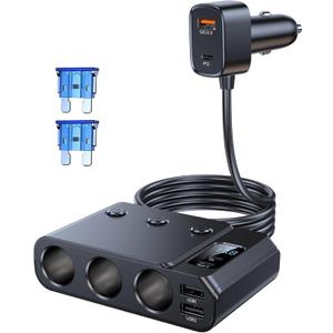 9 in 1 Cigarette Lighter Splitter, USB C Car Charger Adapter with PD30W, 3 Sockets with Independent Switches, LED Voltmeter 12V Power Outlet TSNAM