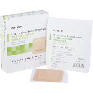 McKesson Hydrocellular Foam Dressings, Sterile, Silicone Adhesive with Border, Dimension 3 in x 3 in, Pad 1 4/5 in x 1 4/5 in, 10 Count, 1 Pack