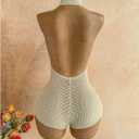 WDIRARA Women's Deep V Neck Backless Halter Knit Romper Striped Bodycon (Beige, XS)