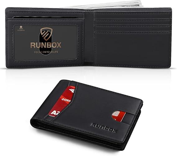 RUNBOX Wallet for Men Slim Leather Bifold RFID Blocking Minimalist Front Pocket Design with Gift Box, Black 