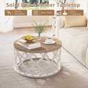 Farmhouse Coffee Table, French Country Round Coffee Table, Coastal Coffee Table with Distressed Top, Boho Center Table with Curved Motif Frame Base for Living Room, Dining Room, Bedroom, Cream Beige, 30 inches x 30 inches x 16 inches