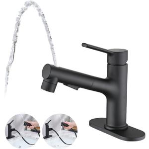 Bathroom Sink Faucet with Pull Out Sprayer, Single Handle Modern Bathroom Basin Faucet with Pop-up Sink Drain Stopper & Deck Plate 1 or 4-inch Centerset 3 Hole, Matte Black