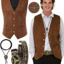 Cowboy Outfit for Men, Western Cowboy Costume Vest for Men, Cowboy Vest with Western Belt Necktie for Halloween (Large, Brown)