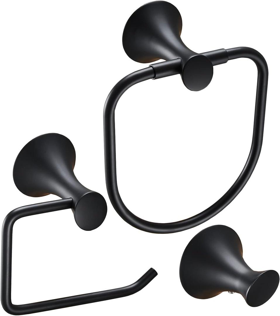 NEWRAIN 3-Piece Bathroom Hardware Set, Matte Black - Hand Towel Ring, Toilet Paper Holder, Robe Towel Hooks