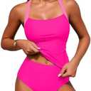 ZAFUL Women's Tankini Swimsuits Tummy Control Swimwear Two Piece Bathing Suits Swim Top with High Waisted Bottom, Pink, Medium