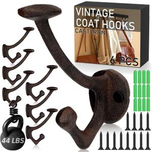 Duraaamo 6 Pcs Vintage Coat Hooks Cast Iron Wall Mounted Rustic Decorative Wall Hooks Heavy Duty Antique Metal Rack for Hanging Coats, Hats, Purse, Towels, Bags Coat Robe Door Farmhouse Decor(Brown)