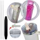 2 Pack 30 oz Tumbler Detachable Flip Straw Lid Replacement Fit for Stanley Quencher ProTour,Leak Proof Lid Compatible with Stanley Cup,No Spill Flip Top Tumbler Cover for Stanley Cup Accessories (rose+off-white)