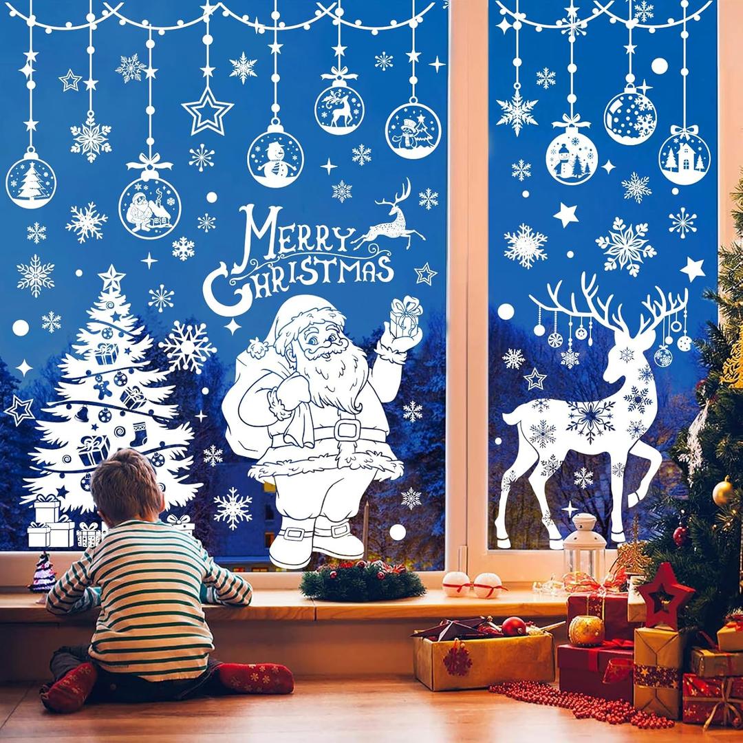 4 x HEEKPEK 163PCS Christmas Window Clings Decorations Large Merry Christmas Double Sided Stickers, Santa Claus Xmas Tree Reindeer Decals for Home Office School (14 Sheets)