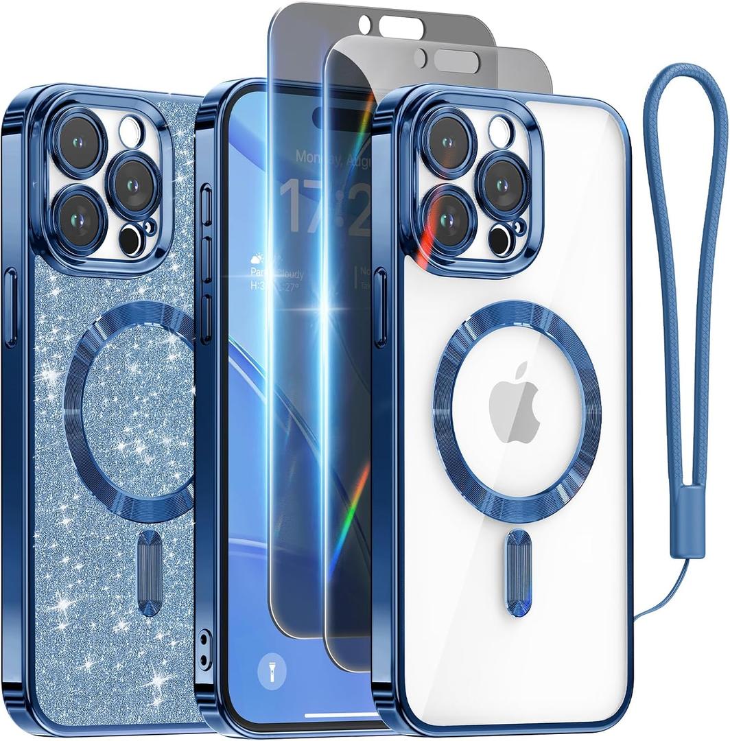 Meifigno Designed for iPhone 15 Pro Max Case with 2X Privacy Screen Protectors, [Glitter Card & Wrist Strap][Compatible with MagSafe] Surround Lens Protection for 15 Pro Max Case 6.7", Deep Blue