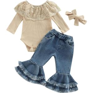 fhutpw Newborn Baby Girl Clothes Infant Rib Frill Long Sleeve Romper Flared Pants Headband Set 3pcs Fall Winter Outfits (Beige)