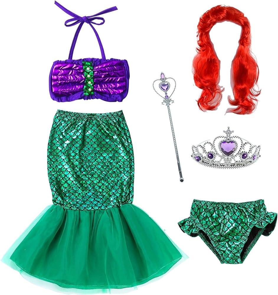 The Little Girls Mermaid Princess Dress Costume Wig Tiara Wand, 3-4Years