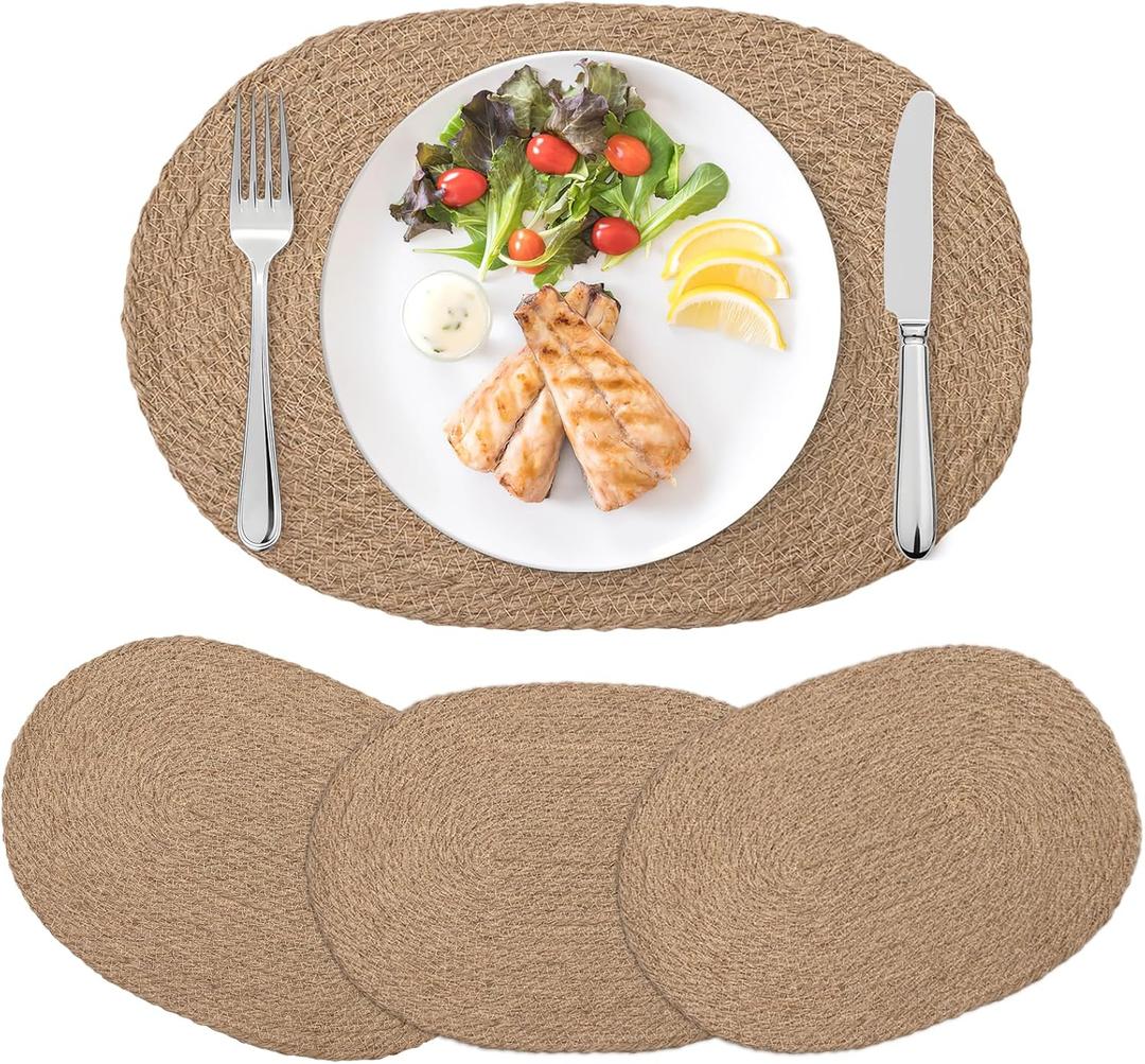 4Pcs Jute Woven Oval Placemats Set, Braided Place Mats, Heat Resistant, Sound Placemats, Boho Vintage Table Mats for Kitchen Dining Table,Outdoor, Home Decorations,Wedding (15.7 x 11.8 in)