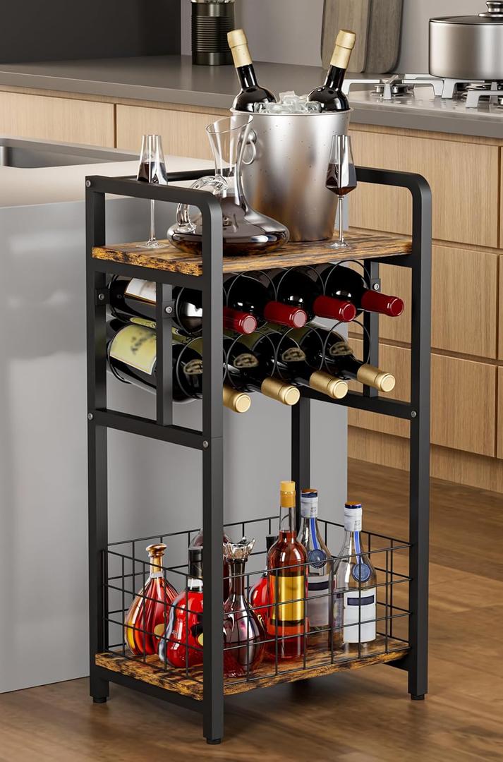 3-Tier Wine Rack Freestanding Floor with Wood Top, Liquor Stand with Wine Bottle Holder, Corner Wine Bar Table for Small Space, Metal Whiskey Shlef for Kitchen, Cellar, Living Room, Black, Full Size
