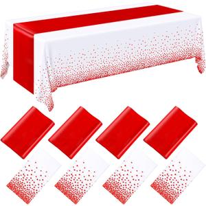 Breling 8 Pack White and Red Disposable Plastic Tablecloths and Satin Table Runner Set, 54 x 108 Inch Tablecloth, 12 x 108 Inch Table Runners for Wedding Graduation Birthday Baby Shower,White and Red, 8