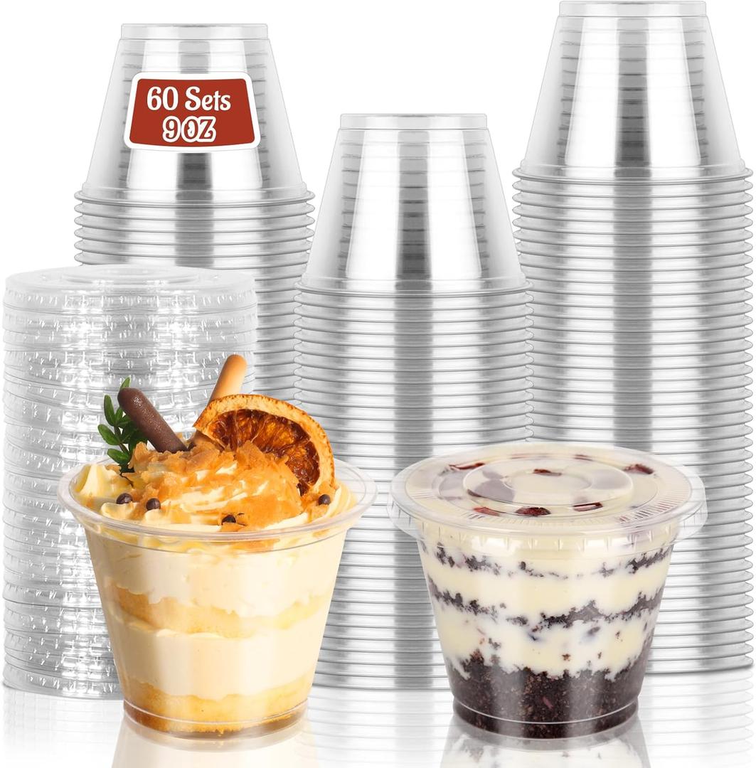 60 Pack 9 oz Clear Plastic Cups with Lids No Hole, Dessert Cups Disposable Cups with Lids for Ice Cream, Fruit, Pudding, Cake, Cold Drinks, Smoothie and Snacks