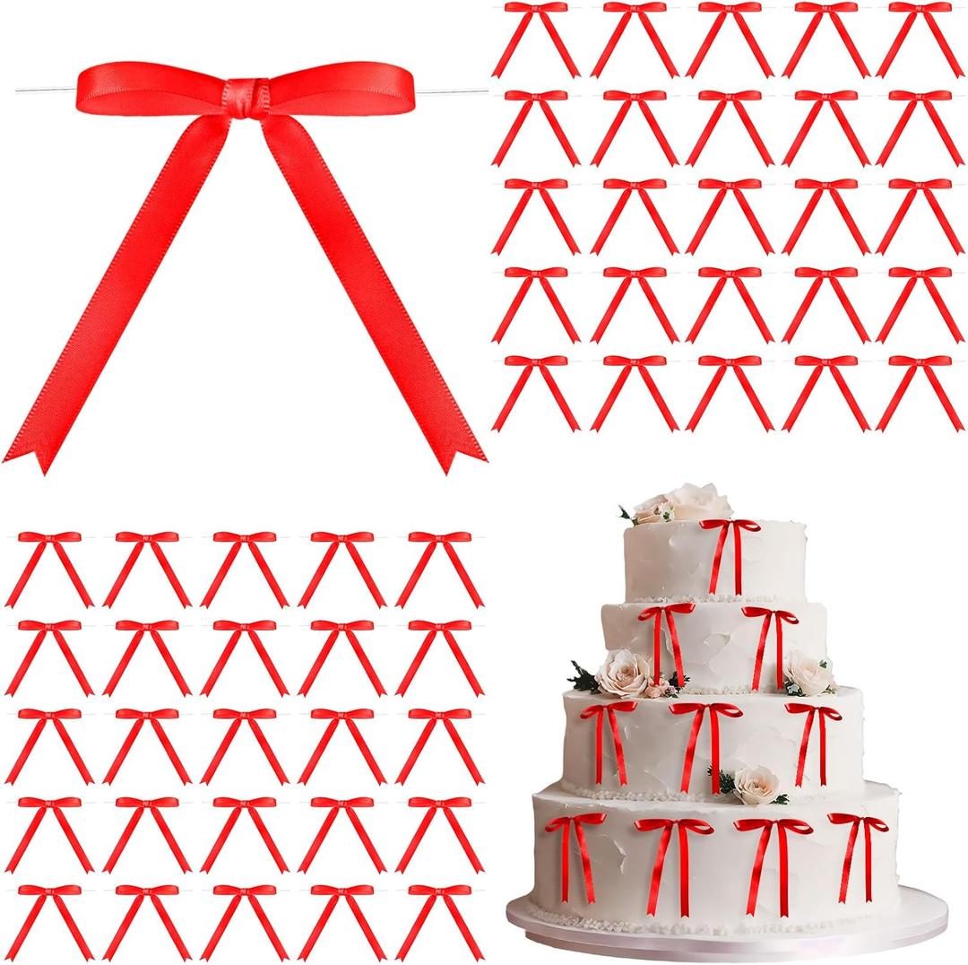 Riceshoot 100 Pcs Twist Tie Bows for Cake 3 x 4.3 Inch Satin Ribbon Bulk Pre Made Bows for Wrapping Gift Treat Bags DIY Craft Wedding Baby Shower Birthday Party Decor, (Red)