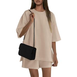 PRETTYGARDEN Women's 2 Piece Lounge Sets 2025 Summer Short Sleeve Tunic Tops Drawstring Shorts Matching Outfits Tracksuits (Beige,Small)