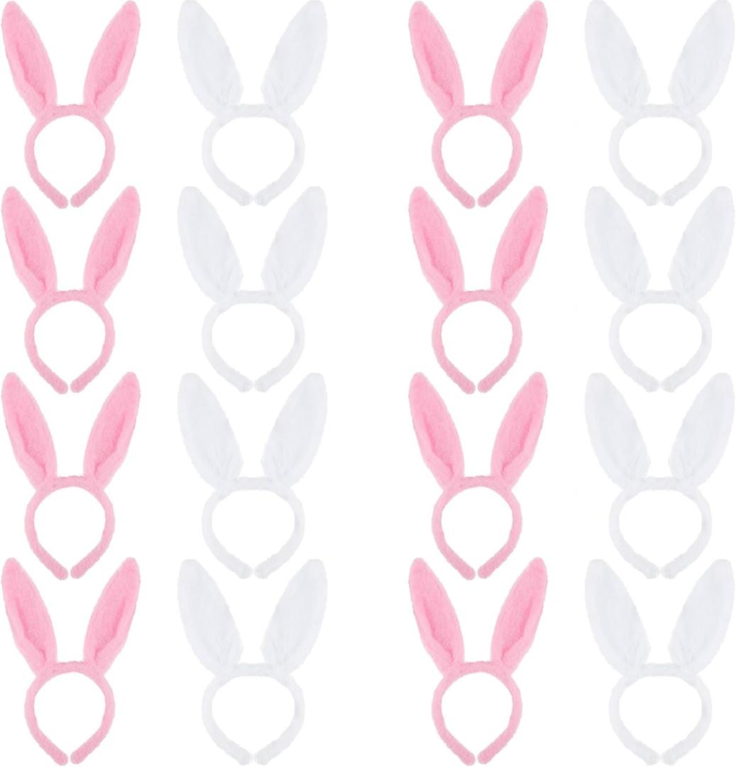 16 Pieces Easter Bunny Ear Headband Soft Cute Plush Rabbit Ears Headband for Kids Adults Easter Cosplay Party Favors (Pink, White)