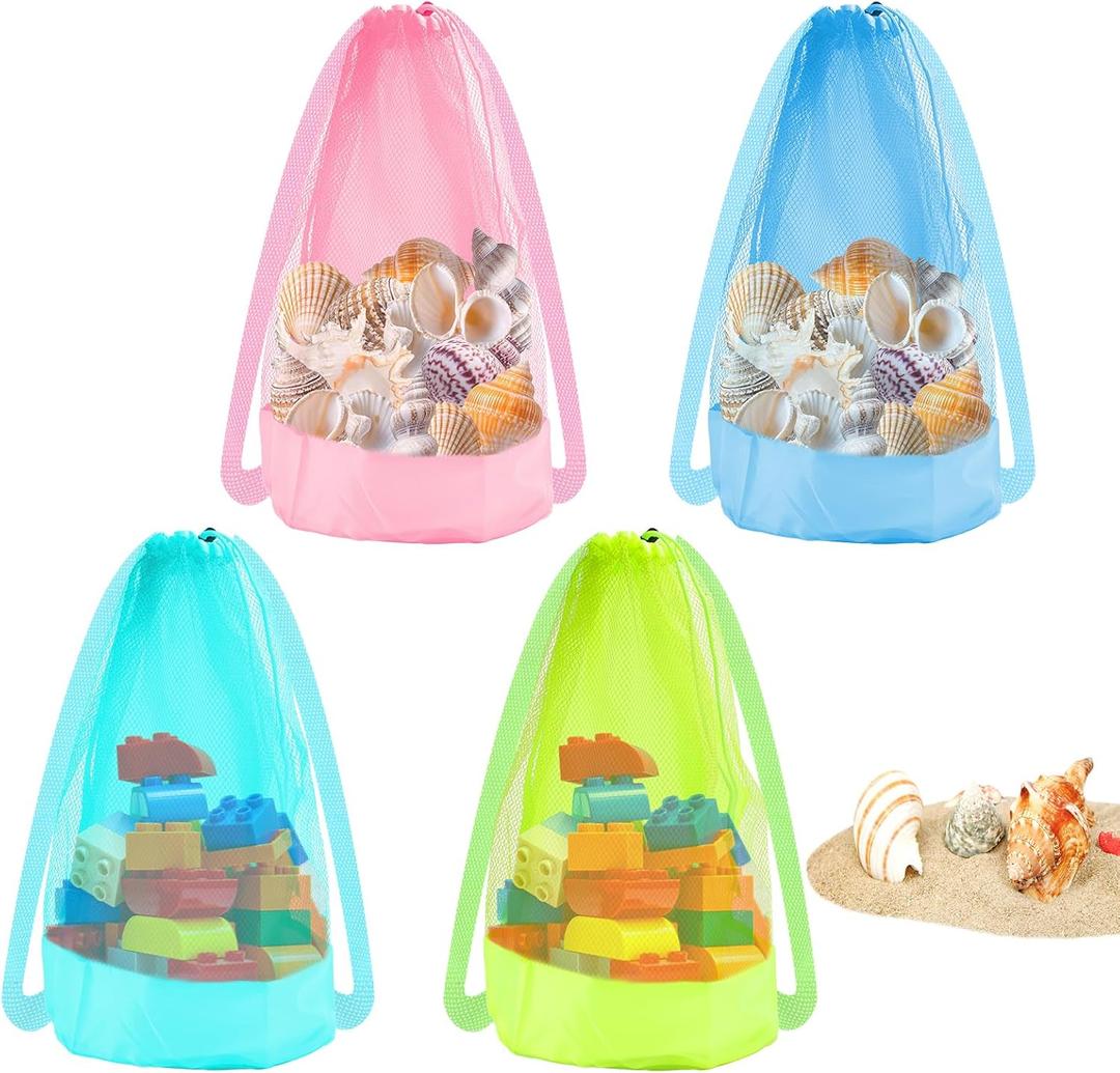 4pcs Beach Toy Bags, 21.65x14.37in Large Capacity Mesh Pool Sand Shell Toy Bags Drawstring Closure Practical Seashell Collecting Storage Backpack for Holding Towels Beach Essentials