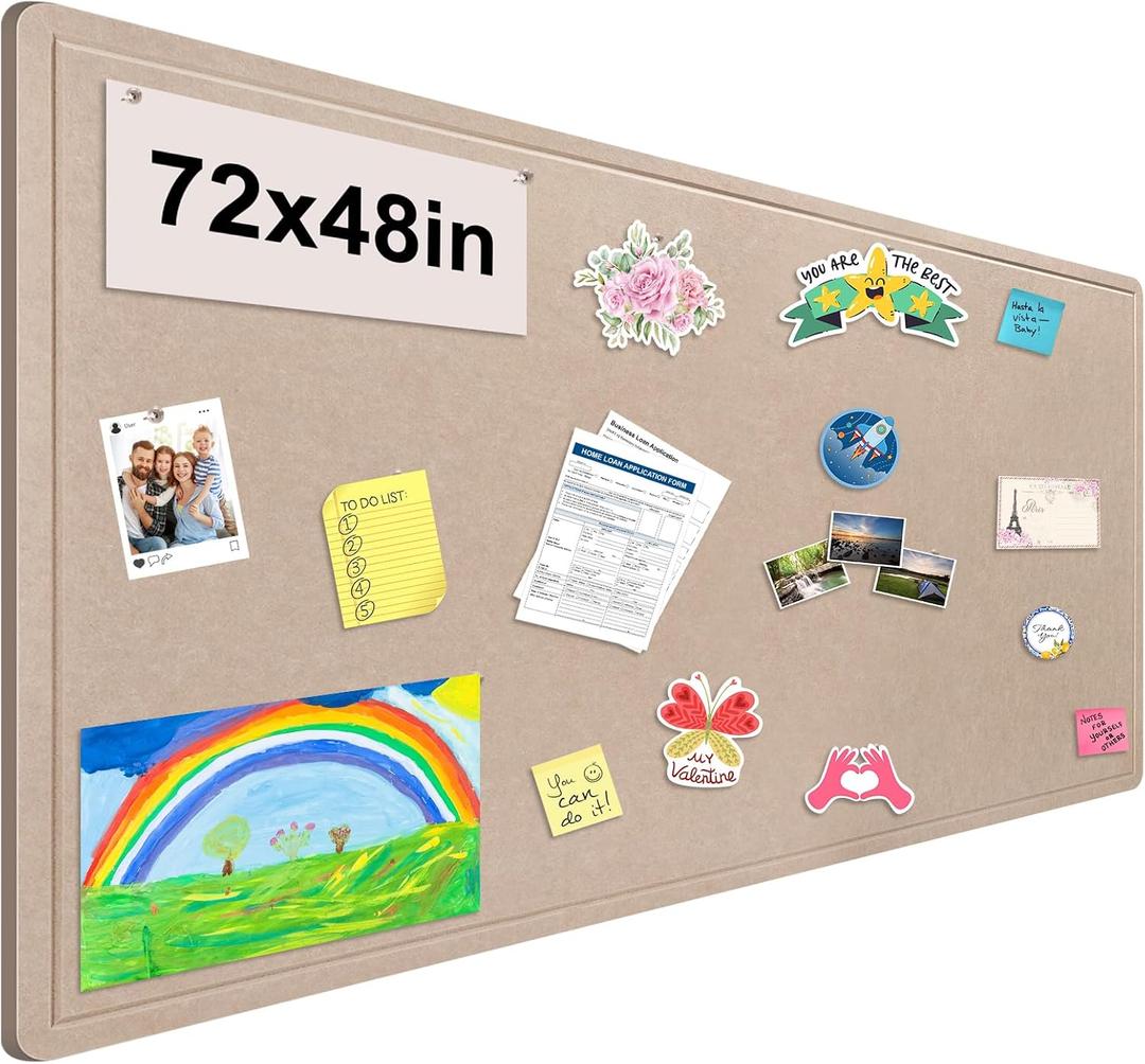 Foldable Large Bulletin Board, 72x48 Inches Cork Board Alternative, Large Felt Board Decorative Pin Board for Wall, Foldable Photo Board Self-Adhesive Vision Board with 36 Pushpins Khaki