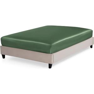 P Pothuiny Satin Fitted Sheet Queen Size, 1 Single Fitted Sheet Only, Extra Soft Deep Pocket Bottom Bed Sheets Mattress Cover Fits 12" to 16", Wrinkle Free, Fully Elasticized (Woodland Green)