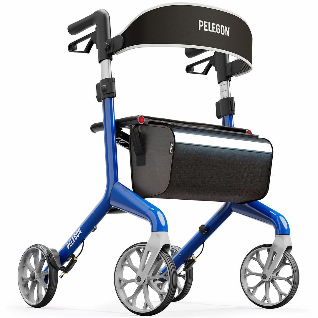 Pelegon Rollator Walker with Seat for Seniors Lightweight Foldable Walker with Padded Seat & Backrest, Adjustable Handles, Reflective Frame, Carry Bag Heavy-Duty 300lb Support - Blue