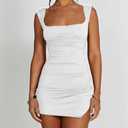 Women's Sexy Summer Sleeveless Tie Waist Back Square Neck Backless Slit Hem Ruched Bodycon Mini Tank Dress (White, L)