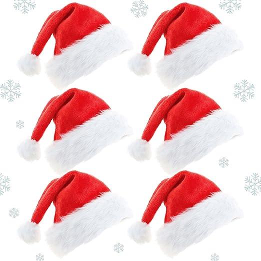 Meajore Santa Hat 6 Pack for Adults, Classic Red Fuzzy Christmas Hat with Bell for Xmas Party Holiday Festive Events