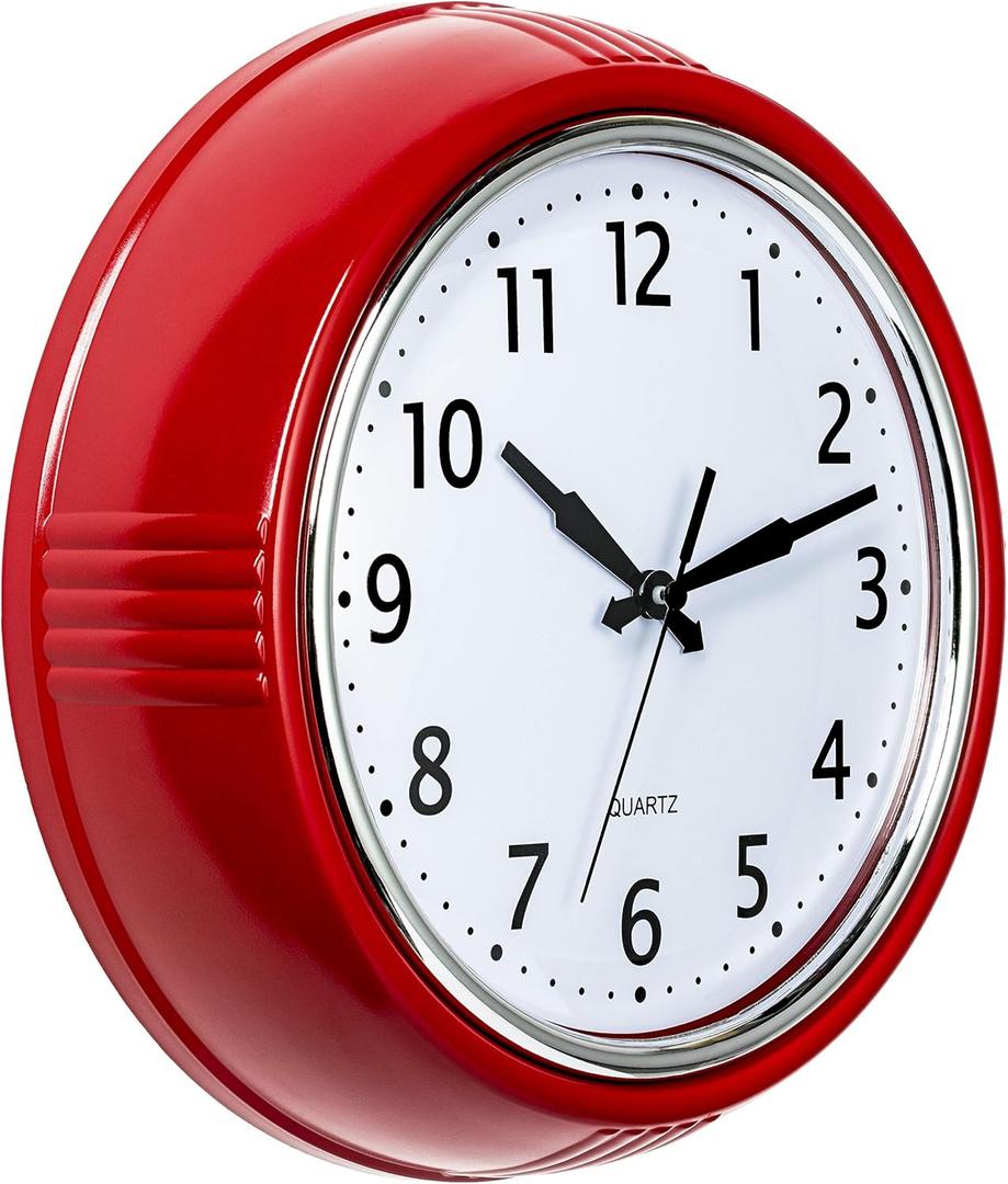 Bernhard Products Retro Wall Clock 12 Inch Red Kitchen 50's Vintage Design Round Silent Non Ticking Battery Operated Quality Quartz Clock for Home Office School or Classroom (Candy Apple Red)