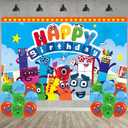 Number Birthday Party Decoration,Block Party Photo Background 5 x 3 FT and 18 Pcs Balloon,Merch Party Backdrop Supplies