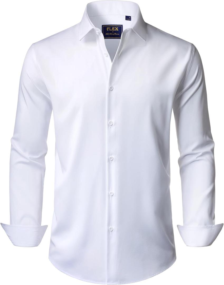 J.VER Men's Dress Shirts Stretch Long Sleeve Formal Shirt Solid Business Casual Button Down Shirts for Wedding Prom (White, Large Tall)