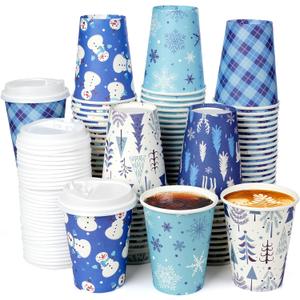 Hauwellter 200 Set Christmas Disposable Coffee Cups with Lids 12oz, Bulk Blue Winter Xmas Holiday Party Paper Cups for Hot Chocolate Cold Drinks Christmas New Year Winter Party Supplies Decorations