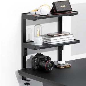 Spacrea clamp on Desk Shelf, 2 Tier Office Desk Shelves Organizer, Wood Desktop Supplies Storage Rack, Desk Organizers and Accessories (Black)