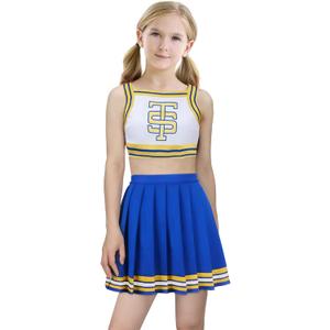 Yruiz Girls Halloween Cheerleader Costume Uniform Crop Top with Skirt Outfit (3-4Y, Blue)