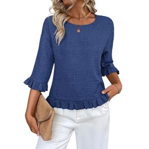 Urchics Womens Ruffle 3/4 Sleeve Tops Casual Linen Blouses Crew Neck Drop Shoulder Dressy Shirts Fall Outfits Gem Blue L (L)
