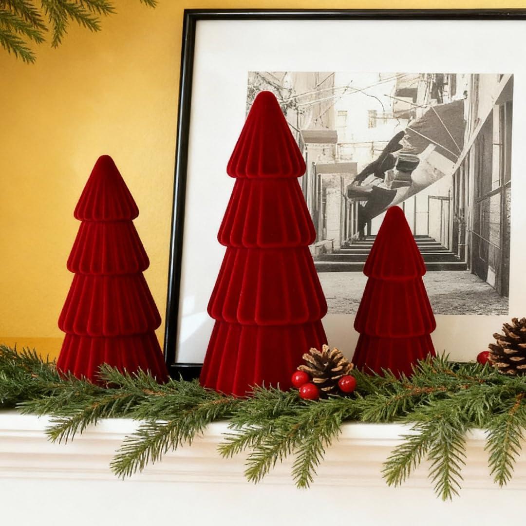 Joyhalo Tabletop Christmas Trees, Set of 3 Velvet Christmas Trees Indoor Xmas Decoration Centerpieces for Table, Mantel, Holiday, Party and Home Decor, Red