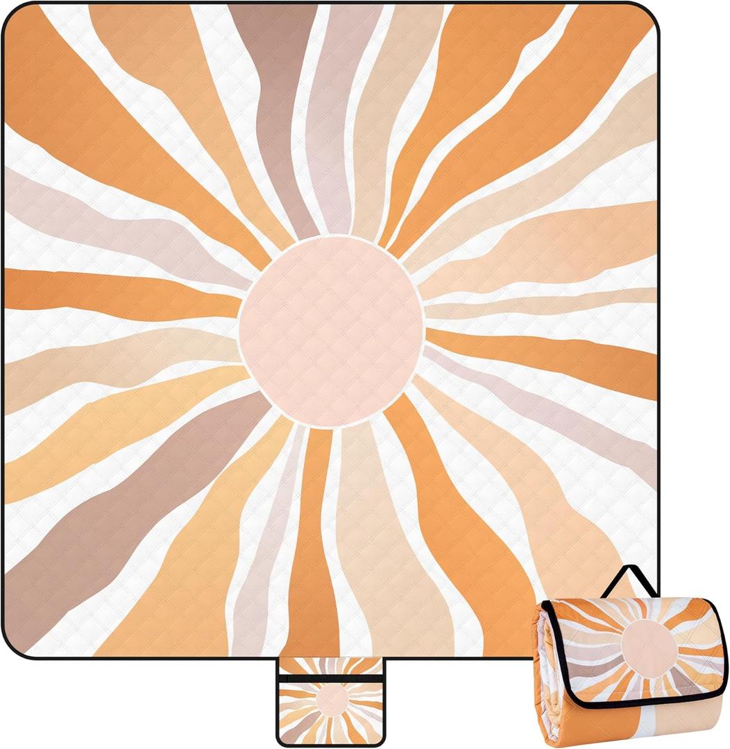 Picnic Blankets, Large Beach Blanket Waterproof Sandproof, Foldable & Portable Outdoor Picnic Blanket, 79''x79'' 3-Layer Picnic Mat for Camping, Park, Travel, Grass Lawn-Boho Sunburst