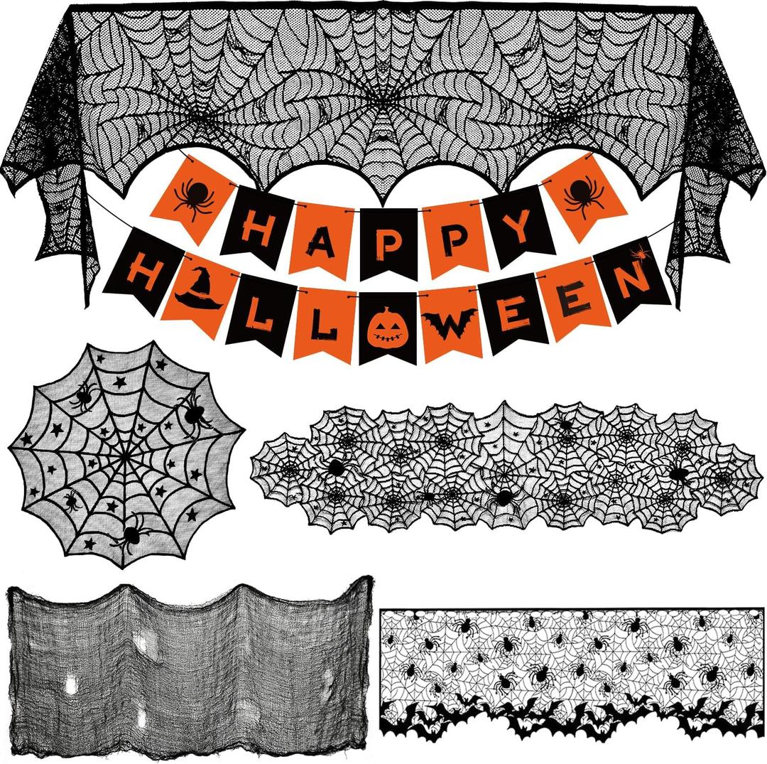 Colovis Decorations Indoor Set, 38PCS Table Decorations for Indoor, Mantel Scarf, Table Runner, Table Cover, Banner, 3D Bats, Lampshade & Creepy Cloth for Party Decor