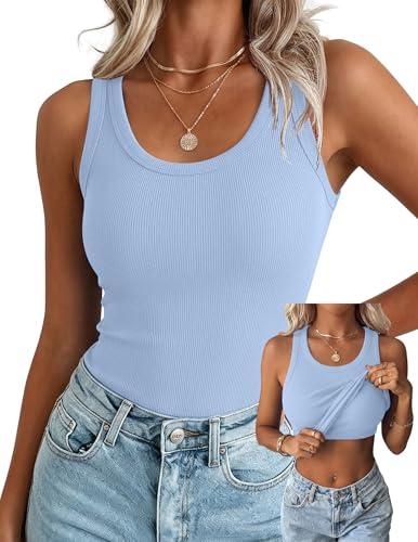 Zeagoo Basic Shelf Bra Tank Tops for Women Long Racerback High Neck Tanks Summer Workout Slim Fit Ribbed Tops Light Blue, Medium
