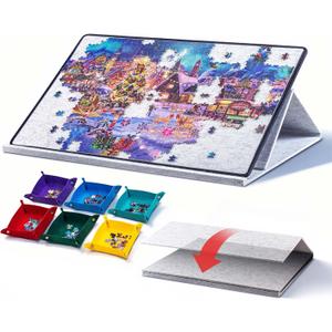 1000 Pieces Portable Jigsaw Puzzle Board with 6 Colored Sorting Trays, Tilting Puzzle Boards with 2-in-1 Stand & Cover, Lightweight Felt Jigsaw Table with Angle Adjustments (Light Gray), 30.7 20.9 0.47 in