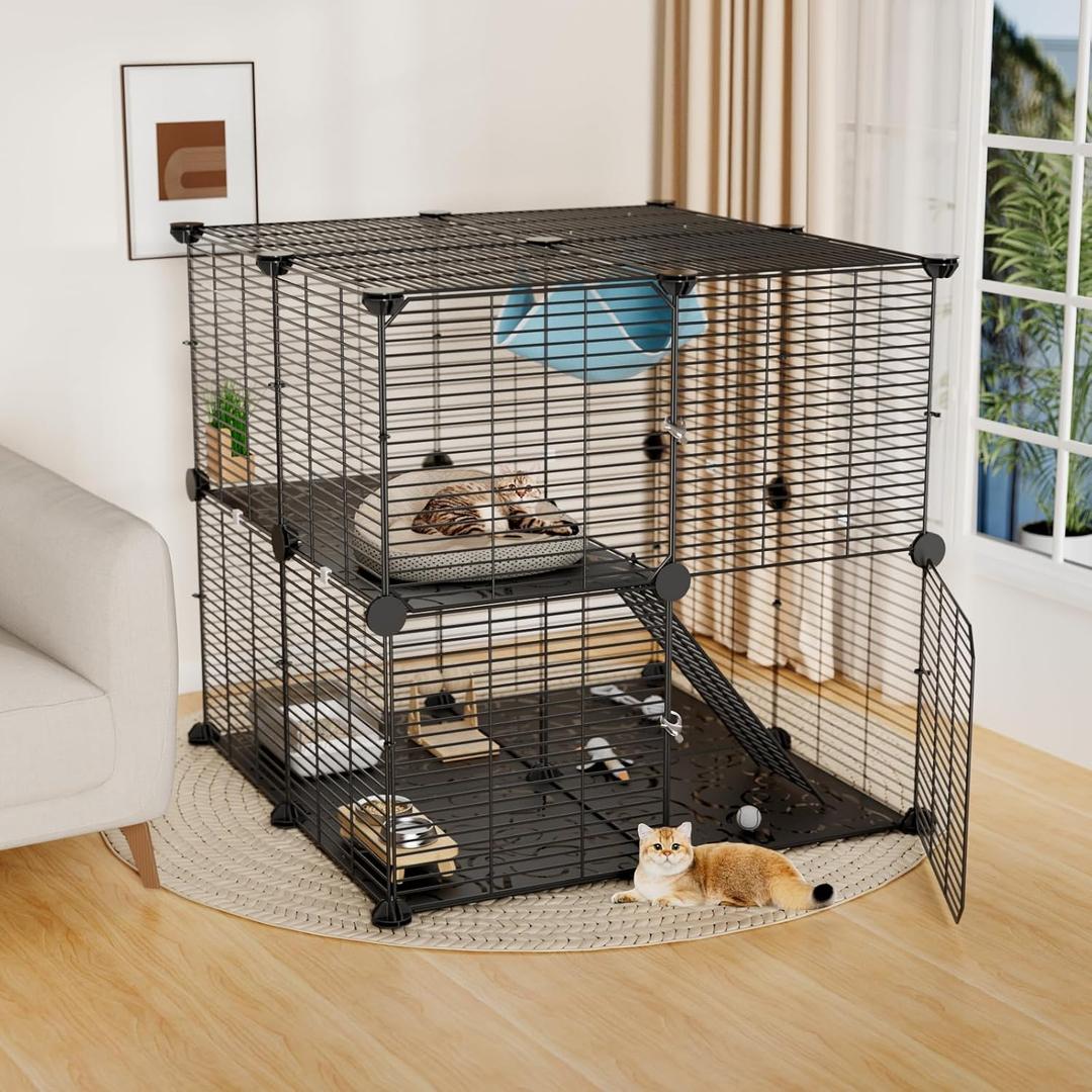 STILLCOVE Medium Cat Cage Indoor, with Hammock & Anti-Tip Kit | with Paw-Friendly Platform and Ramp, 2-Tier Widened Design, DIY, Multi-Door Design, Kitten Enclosure Pet Playpen for Kitty