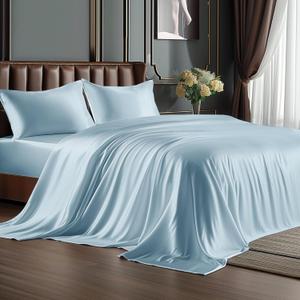 BEDELITE King Size Sheets Set, Luxury Soft Light Blue Satin Sheets for Hair and Skin, Similar to Silk Bed Sheets Set 4 Pieces with 1 Deep Pocket Fitted Sheet, 1 Flat Sheet, and 2 Pillowcases