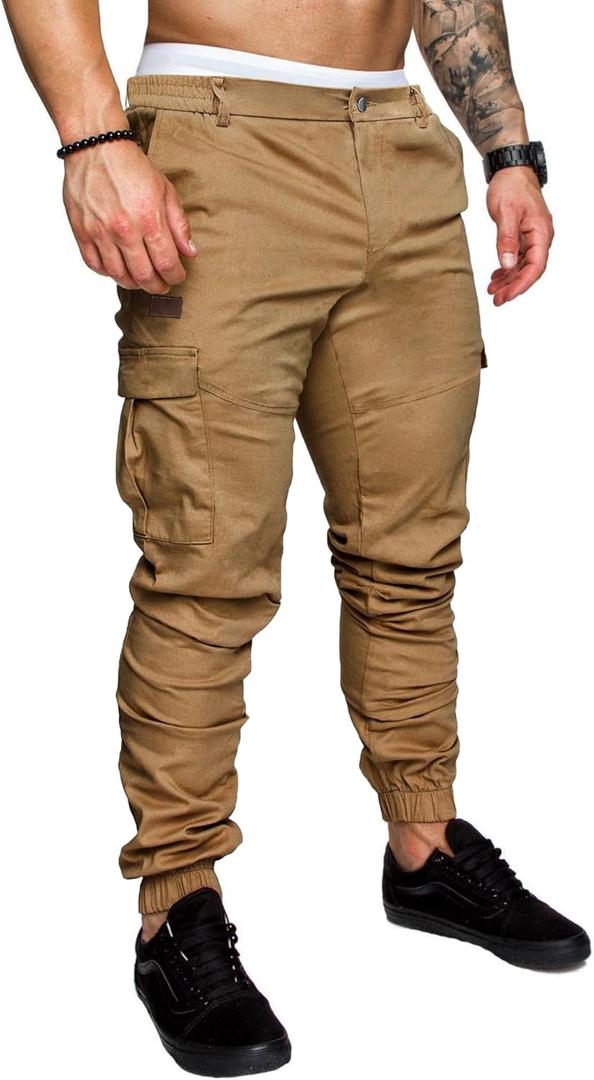 PLEPAN Men's Casual Cargo Pants Joggers Hiking Sweatpants Stretch Elastic Waist Work Pants with 6 Pockets (3X-Large, Dark Khaki)