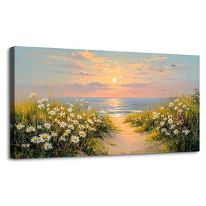 SLYCAY Extra Large Beach Wall Art, Coastal Sunset Pictures Wall Decor Ocean Landscape Painting Floral Canvas Prints Living Room Office Bedroom Artwork 24"X48"
