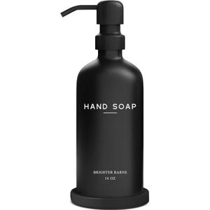 Black Glass Hand Soap Dispenser Bathroom Set by Brighter Barns - Bathroom Soap Dispenser Set with Tray and Stainless Steel Pump - Modern Decor for Kitchen, Hotel, Vacation Rental, Restaurants (Black)