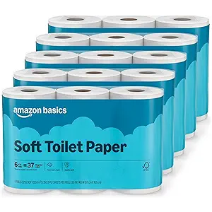 Amazon Basics 2-Ply Soft Toilet Paper, 30 Rolls (5 Packs of 6), 350 Sheets per Roll, Septic Safe, Equivalent to 185 Regular Rolls