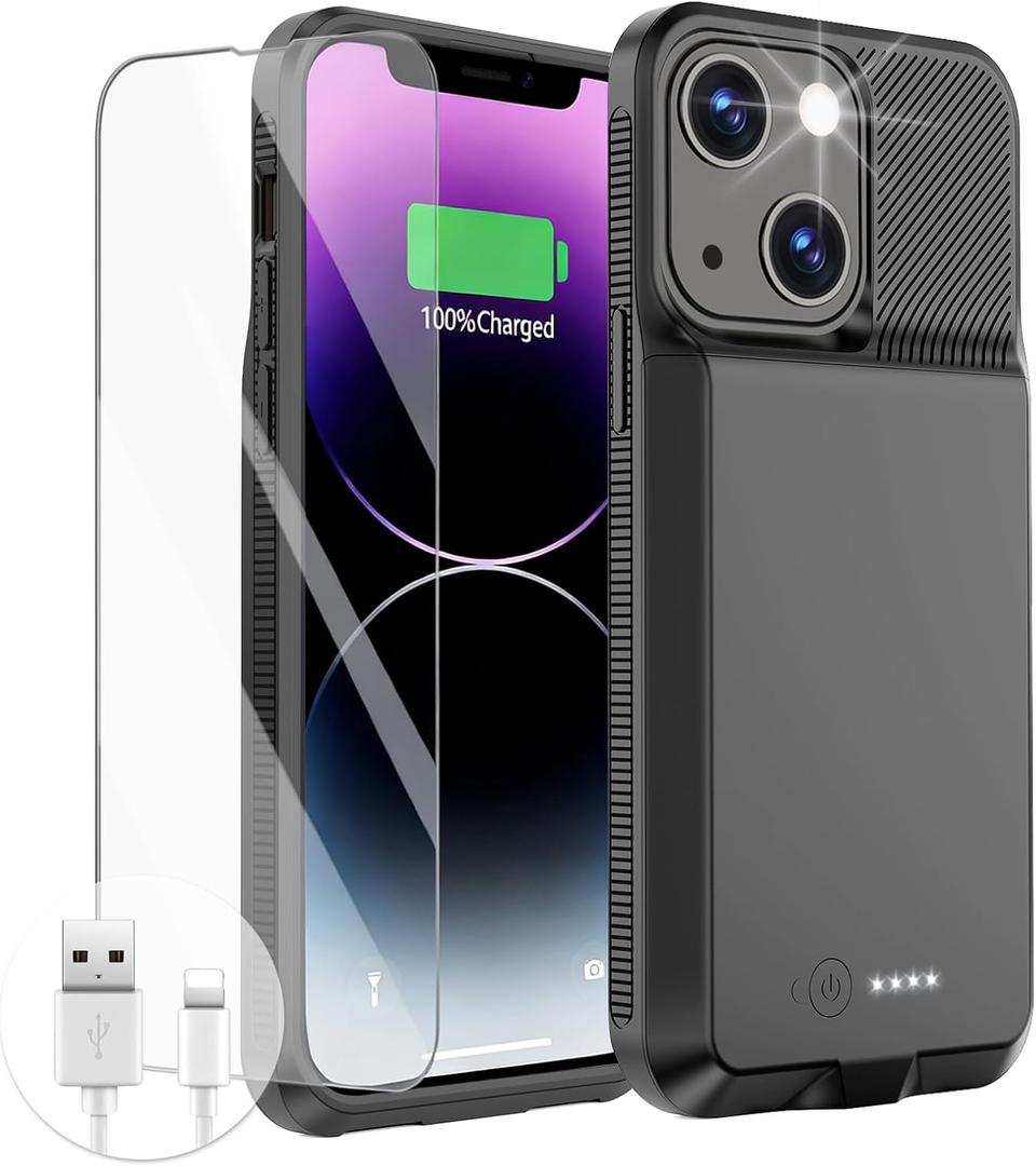 GIN FOXI Battery Case for iPhone 13/13 Pro/14/14 Pro, Charging Case Real 7000mAh Rechargeable Charger Cover Anti-Fall Protection Ultra-Slim Extended Battery Pack Juice Box,Black, 6.1"